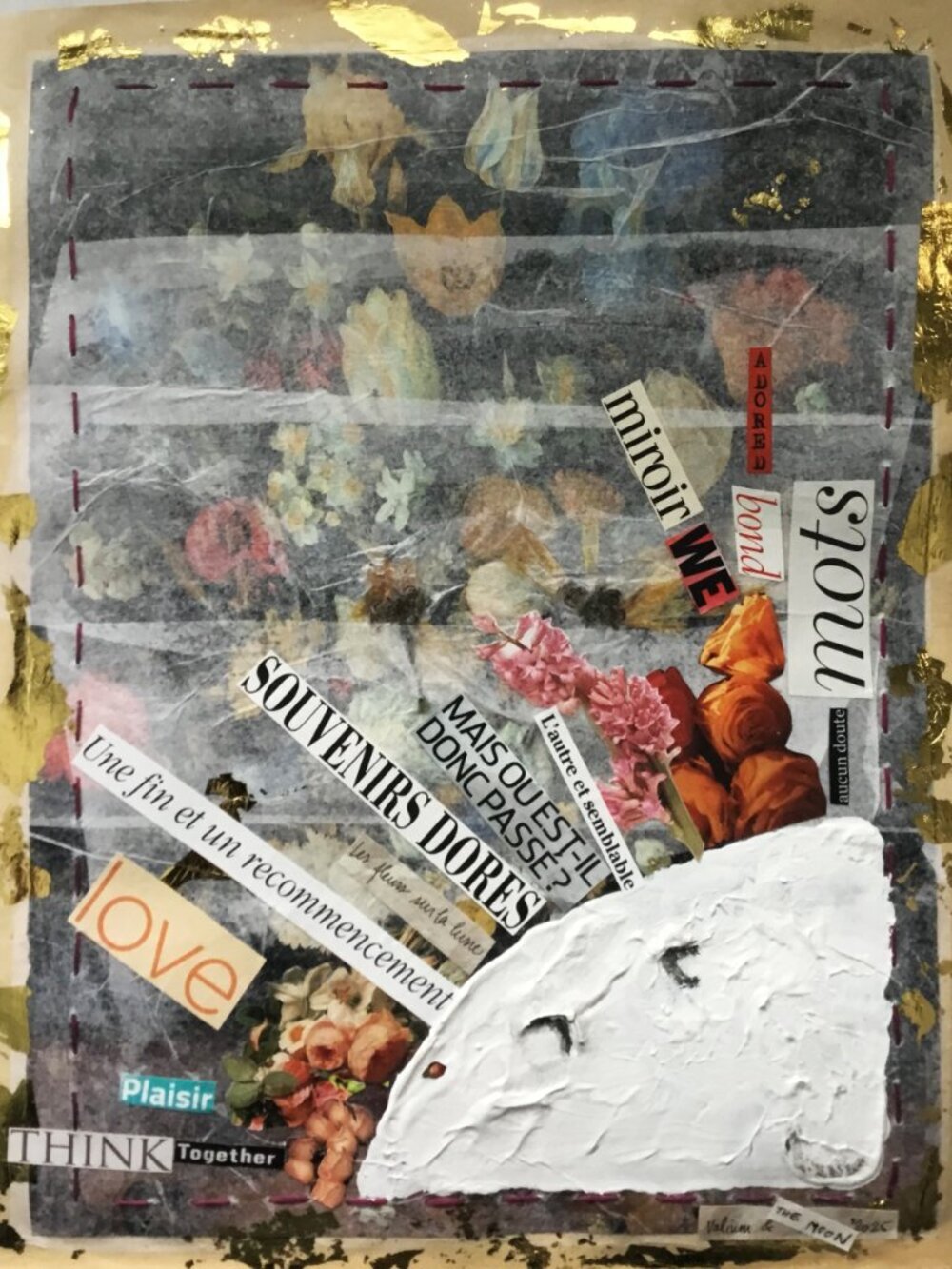 Collage on reproduction mounted on silk and butcher's papers 13 1/2 X 10 1/2inch